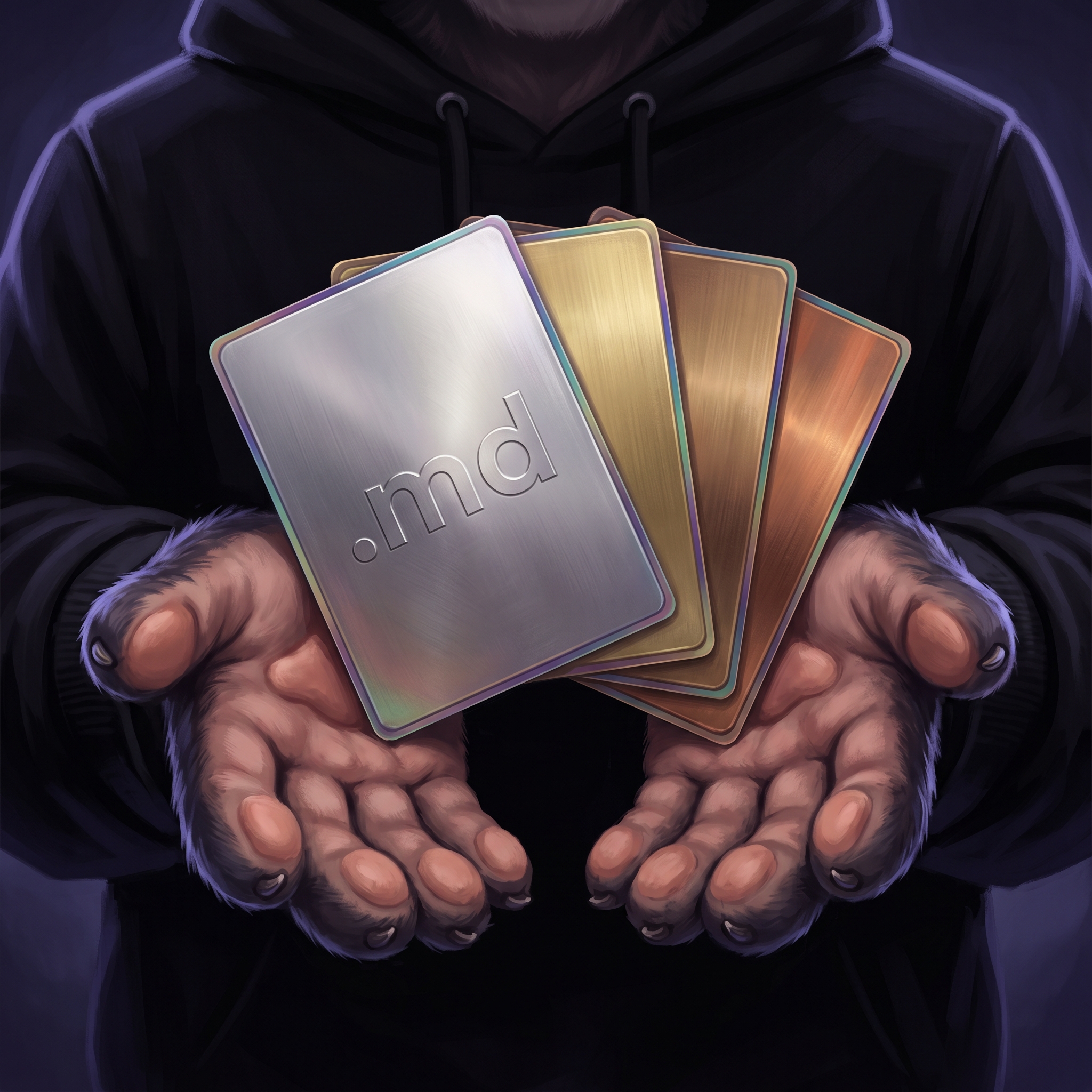 Cat hands holding a fanned stack of foils