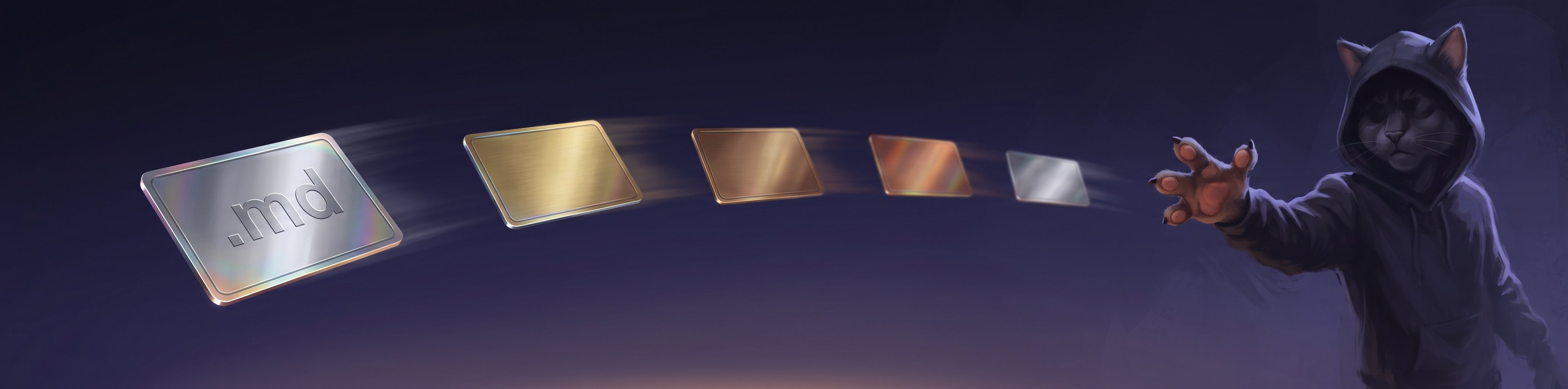 Gato with a fanned stack of foils